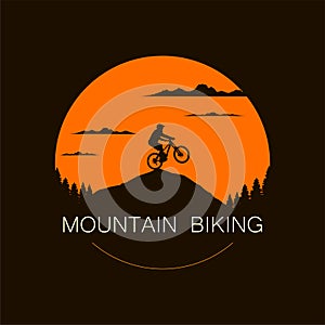 Round mountain bike logo design with extreme cyclist on top of a hill. Mtb, freeride, downhill, enduro badge. Vector