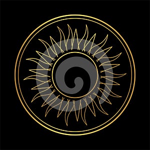 Round mystical witch icon, golden sun on black background, symbol for astrology, tarot. Vector isolated illustration in