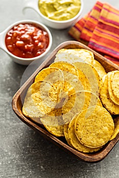 Round nacho chips. Yellow tortilla chips