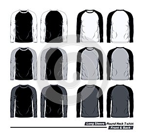 Round Neck Long Sleeve Raglan T-Shirt Template, Black White And Gray Colors, Fron And Back View