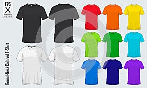 Round neck t-shirts templates. Colored shirt mockup in front view and back view for baseball, soccer, football, sportswear. Vector photo