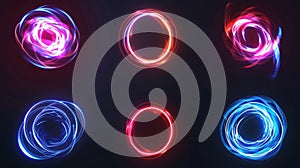 Round neon flares on black background. Modern art of circular swirls glowing in darkness, halo effect, energy vortex