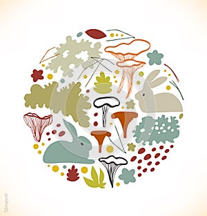 Round nordic floral image with chanterelle mushrooms