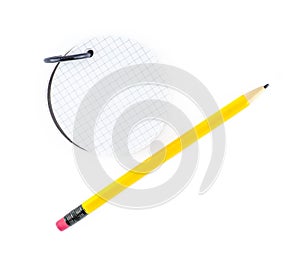 Round notepad and yellow pencil on white background