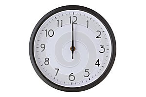 Round office wall clock on white, midnight or midday