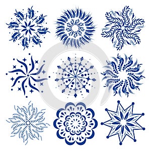 Round ornaments set of colorful vector mandalas or snowflakes.