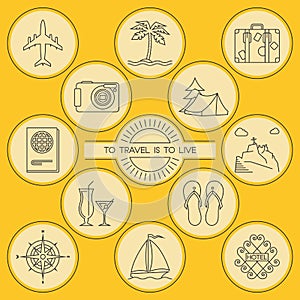Round outlined travel and tourism icons set