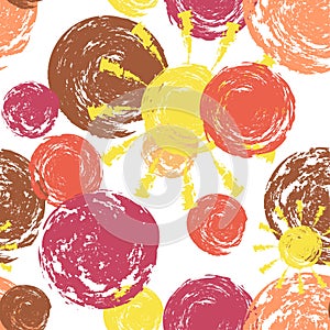 Round paint brush stroke vector seamless pattern. Grunge hand drawn circles and sun