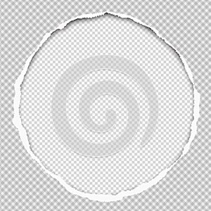 Round paper composition with torn edges and soft shadow is on white squared background. Vector illustration