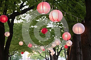 round paper lanterns hanging from trees in a park