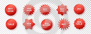 Round Paper stickers red color serve as promotional sale badges. Realistic collection of red price tags, perfect for