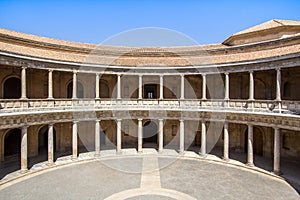 Round Patio and double colonnade of Charles V Palace, Granada, Andalusia, Spain