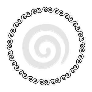 Round pattern frame on a white background from curlicues and spirals. Isolated geometric pattern. Black and white