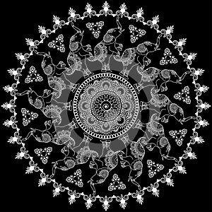 Round pattern with mehandi henna elephants in Indian style illustration isolated on black background