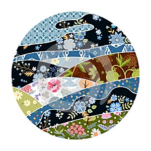 Round pattern with patchwork ornament. Cute card with landscape from different patches