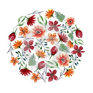 Round pattern of watercolor flowers and leaves. Bright autumn print in circle shape with floral elements