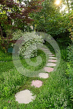 Round Pavers Create a Pathway in a Lush Green Garden
