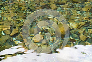 Round pebbles under clear water