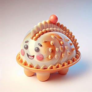 Round pie with a happy face. 3D cartoon illustration on a light background