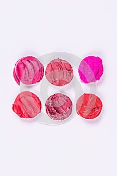 Round pieces of sliced lipstick in two rows on a white background. Colorful lipsticks. Isolated