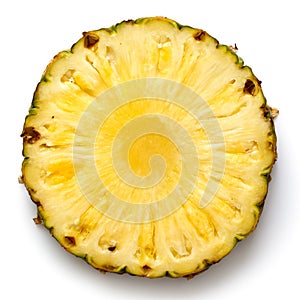 Round pineapple slice with skin isolated on white.