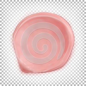 Round pink brushstroke in a top view. Smeared cream is isolated on a white transparent background.