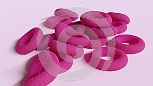 Round pink jelly candies with sugar falling on the table close-up. 3d animation