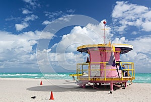 Round pink lifeguard station on Miami beach