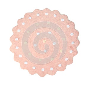 Round pink rug with polka dot pattern isolated on white, top view
