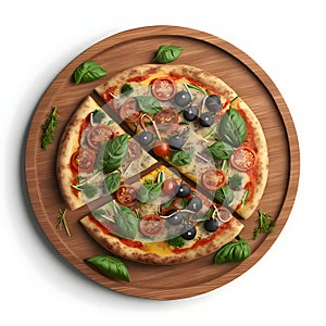 Round pizza with cheese, basil, tomatoes, spices on a wooden kitchen board. Photo. White isolated background