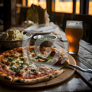 Round pizza with cheese, ham, olives, spices on a wooden kitchen board. Side view. In the background, beer, table