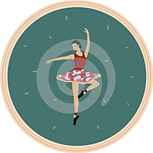 Round pizza plate design with dancing ballerina with skirt made from pizza. Pattern for pizzeria, italian restauraunt
