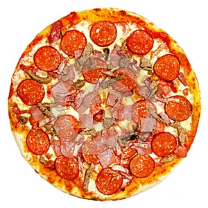 Round pizza with tomatoes, mushrooms and cheese on white background