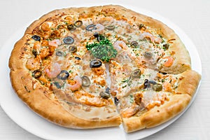 Round pizza on a white plate