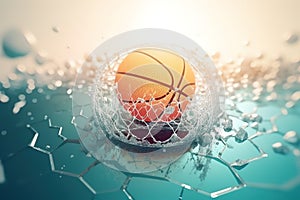 Round planet Earth with water and land in basketball hoop with colorful net on light background. Generative AI