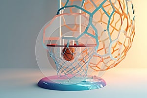 Round planet Earth with water and land in basketball hoop with colorful net on light background. Generative AI