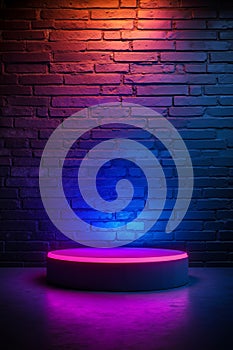 A round platform in front of a brick wall with a red, blue and purple light