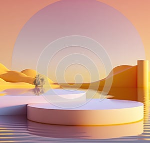 Round platform on water with yellowish sunset with landscape background for your product display.