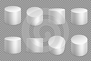 Round podium 3d bases. White cylinder solid pedestal. Pillar circular foundation isolated vector