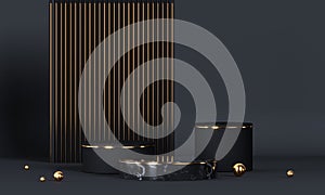 Round podium with geometric shapes and gold elements. Abstract blank pedestal, display platform. 3D Rendering