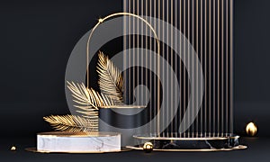 Round podium with geometric shapes and gold elements. Abstract blank pedestal, display platform. 3D Rendering