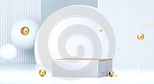 Round podium with geometric shapes and gold elements. Abstract blank pedestal, display platform. 3d rendering