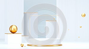 Round podium with geometric shapes and gold elements. Abstract blank pedestal, display platform. 3d rendering