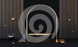 Round podium with geometric shapes and gold elements. Abstract blank pedestal, display platform. 3d rendering