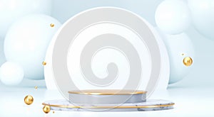 Round podium with geometric shapes and gold elements. Abstract blank pedestal, display platform. 3d rendering