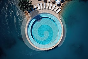 A round pool on the very seashore with clear blue water and sun loungers. View from above. The concept of holidays, vacation,