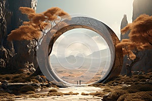 A round portal in a desert valley with high rocks. Generative AI