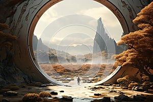 A round portal in a desert valley with high rocks. Generative AI