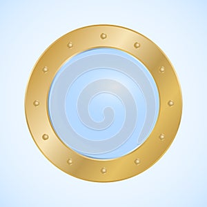 Round porthole, round golden porthole window isolated on light background. Vector, cartoon illustration