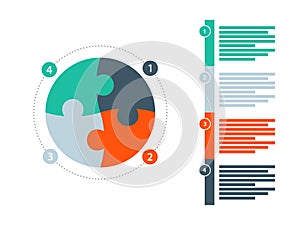 Round puzzle gear presentation infographic diagram template with numbered explanatory text field. Vector graphic templete.